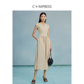 C+IMPRESS/西嘉醋酸天丝拼接花瓣V领收腰伞摆气质显瘦连衣裙女夏LYQ2302102