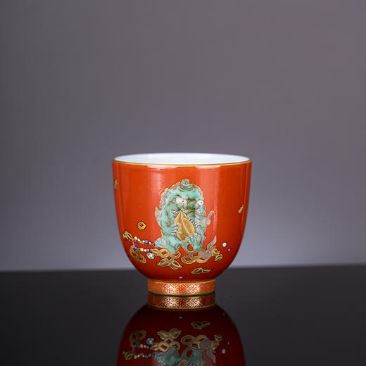 矾红地五彩描金招财进宝貔貅纹一盖碗两杯 商品图2