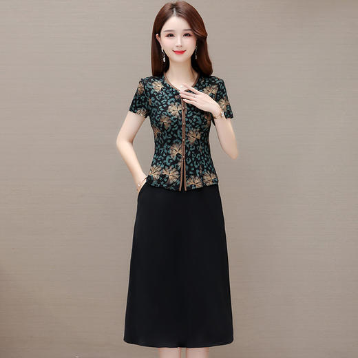 妈妈装复古印花连衣裙，夏季新款短袖裙拼结假两件中长款连衣裙QYM-KED-H1178-Y 商品图0