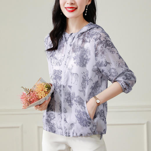 夏季新款，女连帽宽松大码透气薄款乔其仿真丝开衫KQL-B43N8328 商品图3