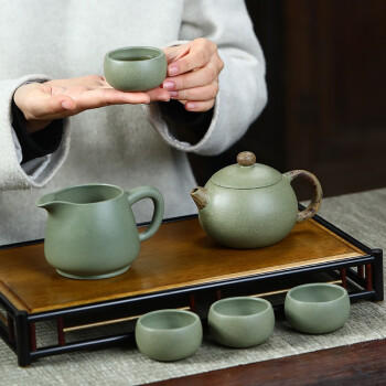 千寿堂 紫砂壶套装宜兴原矿 手工搅泥工艺豆青圆润西施套装6件套 商品图0