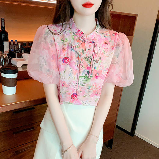 新款国风气质盘扣雪纺印花复古改良旗袍上衣K-157T6700 商品图4