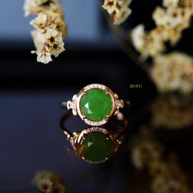18K玫瑰金和田玉（碧玉）镶钻戒指--福满堂/切割半珠8mm/苹果绿