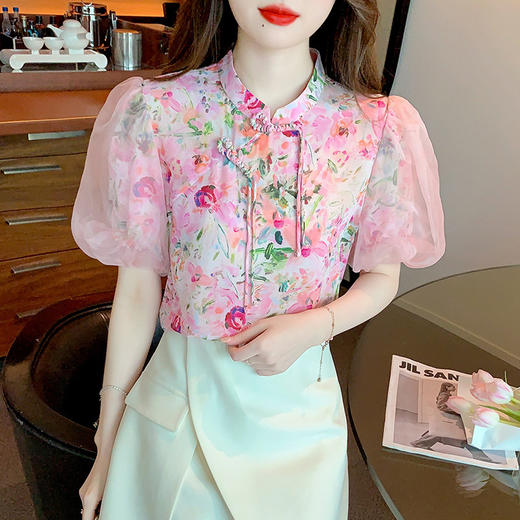 新款国风气质盘扣雪纺印花复古改良旗袍上衣K-157T6700 商品图1