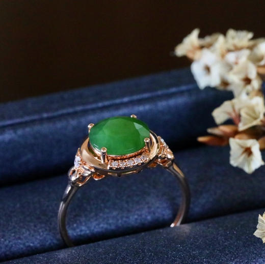 18K玫瑰金和田玉（碧玉）镶钻戒指--福满堂/切割半珠8mm/苹果绿 商品图4
