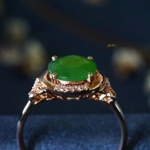 18K玫瑰金和田玉（碧玉）镶钻戒指--福满堂/切割半珠8mm/苹果绿 商品图3