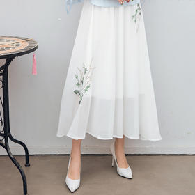 WY619春夏女装森林系日系文艺 复古雪纺刺绣大摆裙半身长裙伞裙