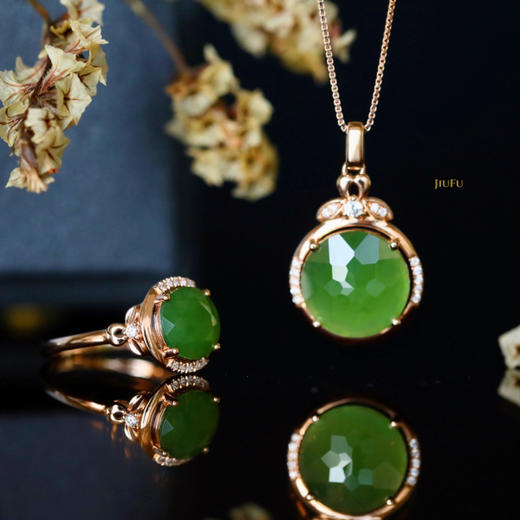 18K玫瑰金和田玉（碧玉）镶钻戒指--福满堂/切割半珠8mm/苹果绿 商品图6