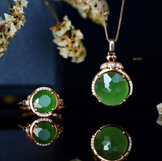 18K玫瑰金和田玉（碧玉）镶钻戒指--福满堂/切割半珠8mm/苹果绿 商品图5