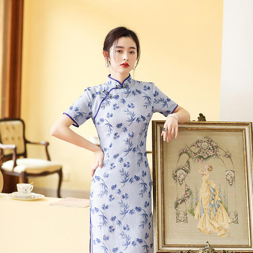 优雅修身，新款青花瓷苎麻旗袍HYM-21003 商品图1