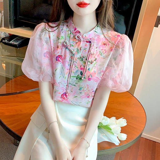 新款国风气质盘扣雪纺印花复古改良旗袍上衣K-157T6700 商品图3