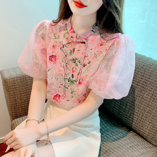 新款国风气质盘扣雪纺印花复古改良旗袍上衣K-157T6700 商品图2