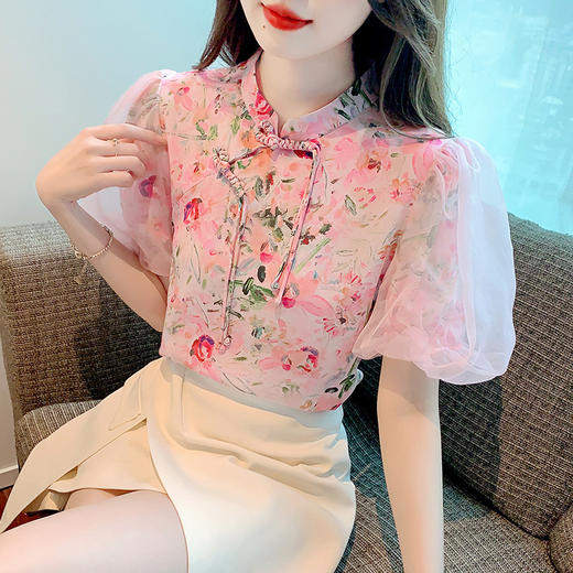 新款国风气质盘扣雪纺印花复古改良旗袍上衣K-157T6700 商品图0