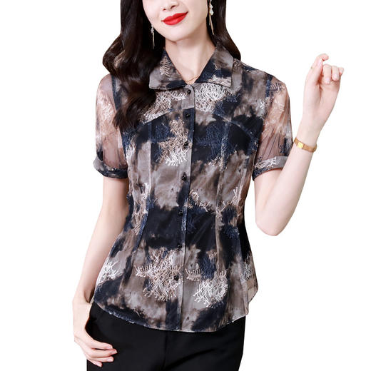 KQLB43N8352欧洲站2023夏季短袖蕾丝衫上衣女镂空网纱打底衫别致印花衬衫 商品图4