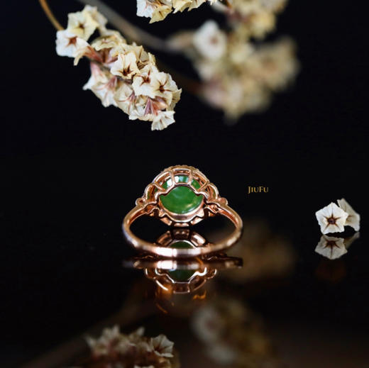 18K玫瑰金和田玉（碧玉）镶钻戒指--福满堂/切割半珠8mm/苹果绿 商品图2