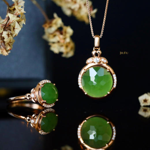 18K玫瑰金和田玉（碧玉）镶钻吊坠--福满堂 /切割半珠12mm/苹果绿 商品图3