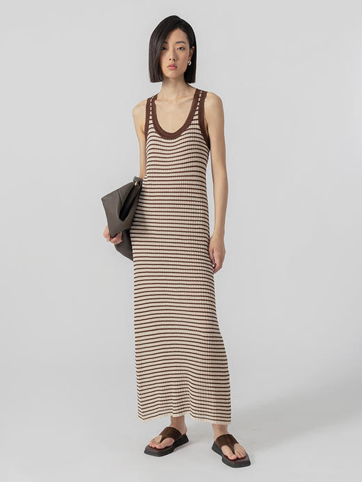 322工房汉麻间条后背扭结针织连衣裙2023年春夏露背修身长裙B063 商品图2