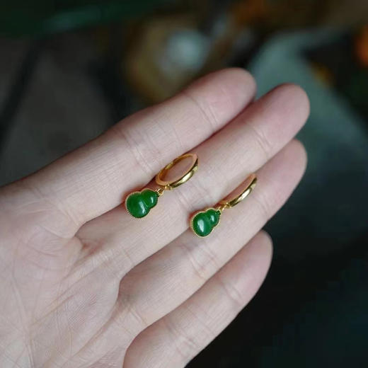 龢盒原创 辣绿翡翠葫芦9k金复古金耳圈 耳环 商品图1