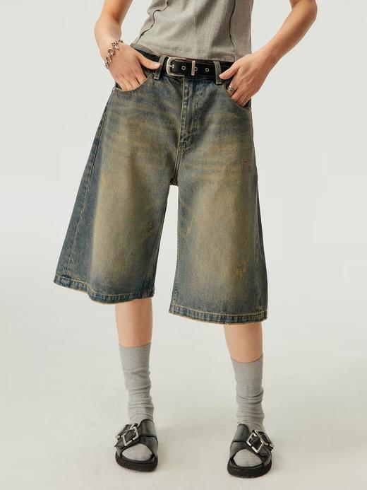 Simple Project/k23800/纯棉怀旧重洗水破坏风格 A型廓形牛仔短裤 商品图0