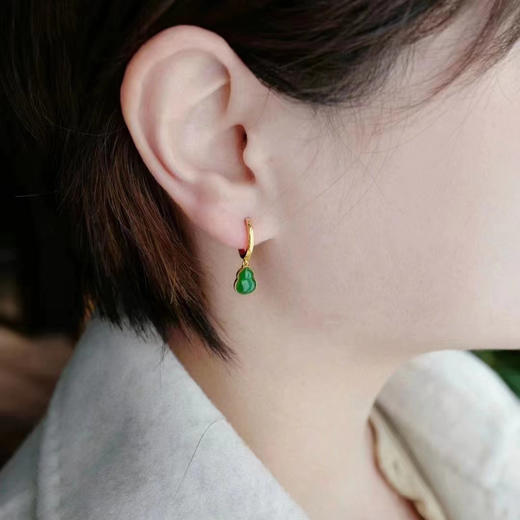 龢盒原创 辣绿翡翠葫芦9k金复古金耳圈 耳环 商品图2