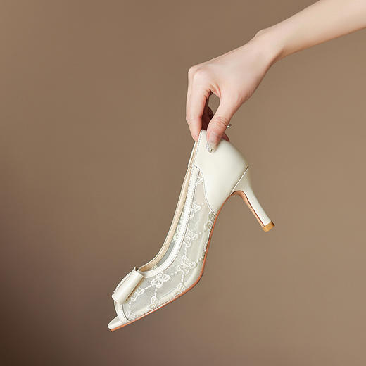 优雅性感，鱼嘴蝴蝶结真皮拼接网纱高跟凉鞋QS-23014 商品图0