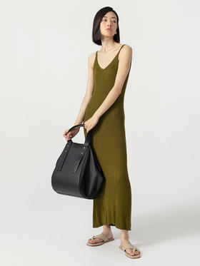 322工房经典再造真丝螺纹修身针织吊带长裙2023夏款V领连衣裙B068