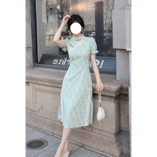 【服装鞋包】 青绿色蕾丝剪花雪纺旗袍连衣裙 商品图1
