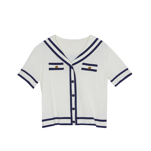 谜底针织衫短袖女2023夏季新款海军风短款拼色针织开衫232MZ0891 商品图4