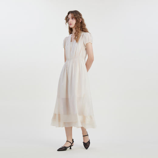 谜底V领连衣裙短袖2023夏款时尚气质泡泡袖收腰长裙短袖232ML0519 商品图1