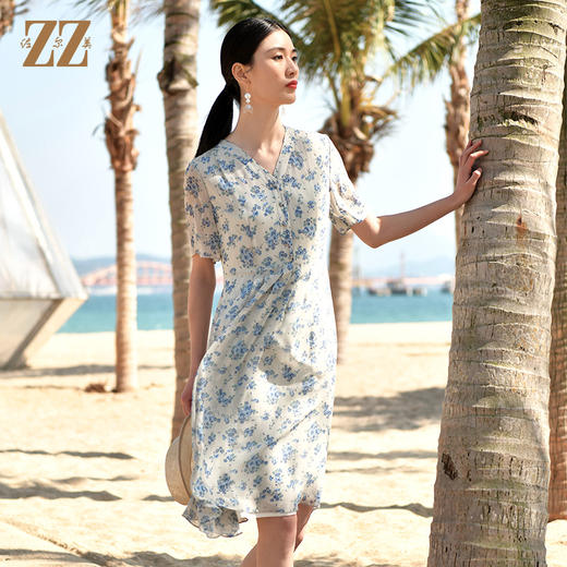 佐尔美夏季新款 真丝乔其V领碎花100%桑蚕丝真丝连衣裙女E32LS59 商品图2