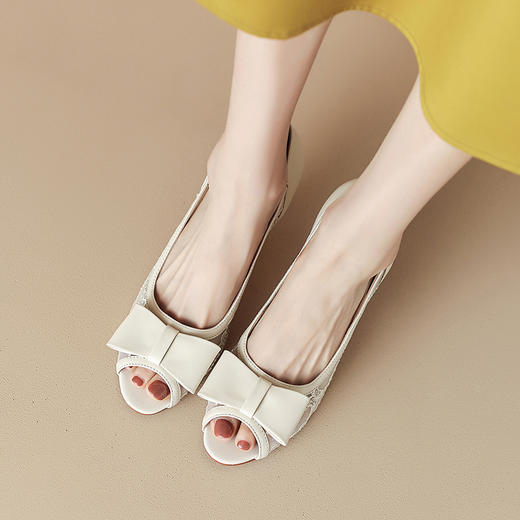 优雅性感，鱼嘴蝴蝶结真皮拼接网纱高跟凉鞋QS-23014 商品图5