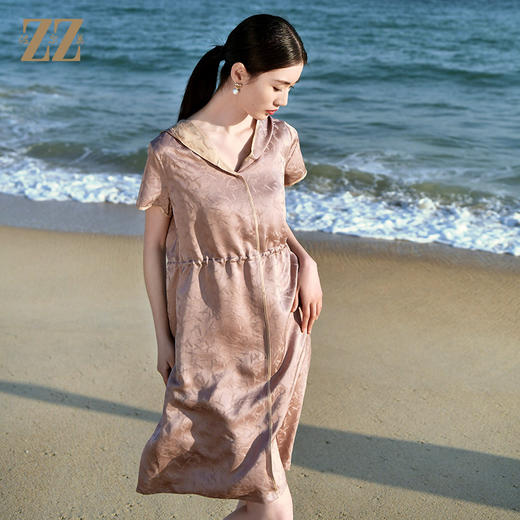 佐尔美夏季新款 连帽休闲提花100%桑蚕丝真丝连衣裙女E32LS81 商品图2