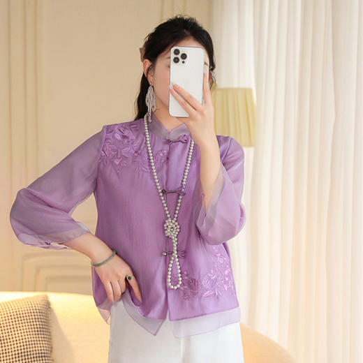 FLZD-A9327新款国风刺绣感微透衬衫女夏季宽松新中式盘扣上衣9327 商品图2