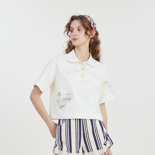 谜底POLO领短款T恤短袖女2023夏季新款学院风贴布绣上衣232MT0604 商品图1