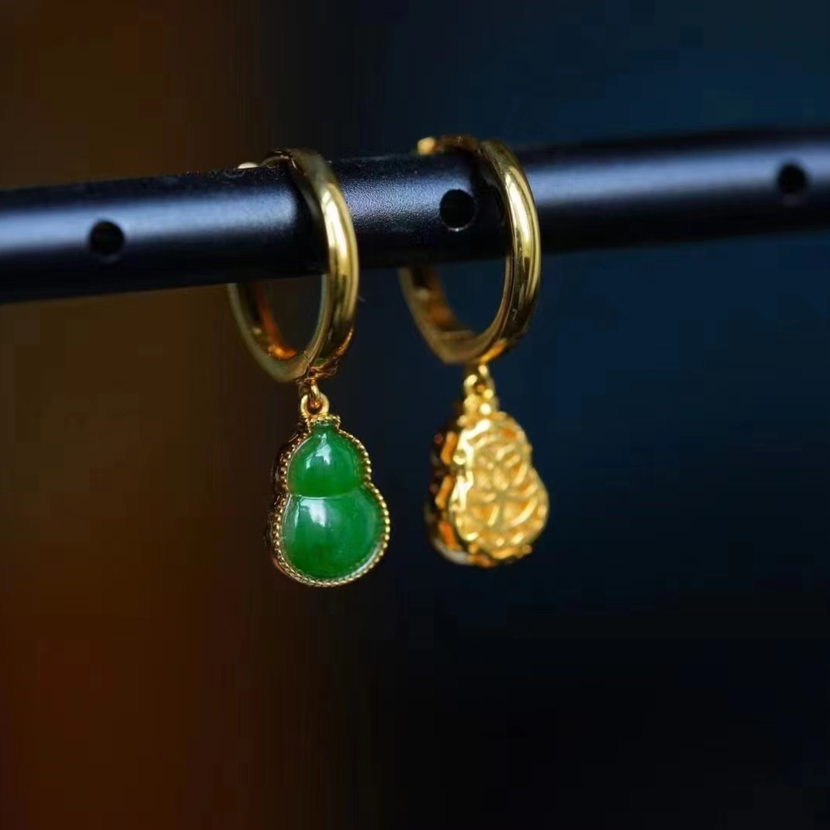 龢盒原创 辣绿翡翠葫芦9k金复古金耳圈 耳环