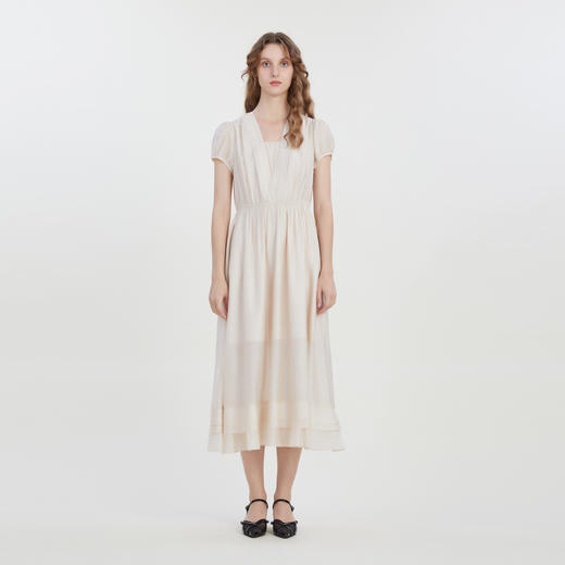 谜底V领连衣裙短袖2023夏款时尚气质泡泡袖收腰长裙短袖232ML0519 商品图0