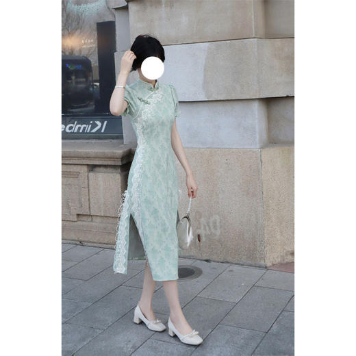 【服装鞋包】 青绿色蕾丝剪花雪纺旗袍连衣裙 商品图0