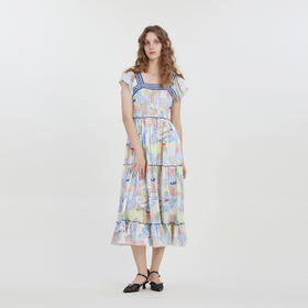 谜底复古花色连衣裙短袖2023夏季新款田园风飞飞袖长裙232ML0550