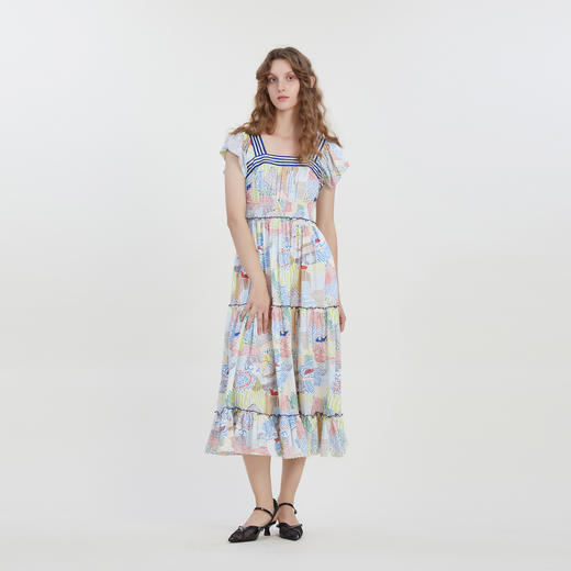 谜底复古花色连衣裙短袖2023夏季新款田园风飞飞袖长裙232ML0550 商品图0