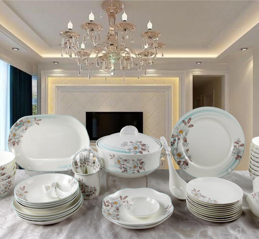 【样品特惠3折，仅1套，无货退款】凡瑞斯唐山骨瓷花伴语10人用50头中式套装餐具乔迁送礼 商品图1