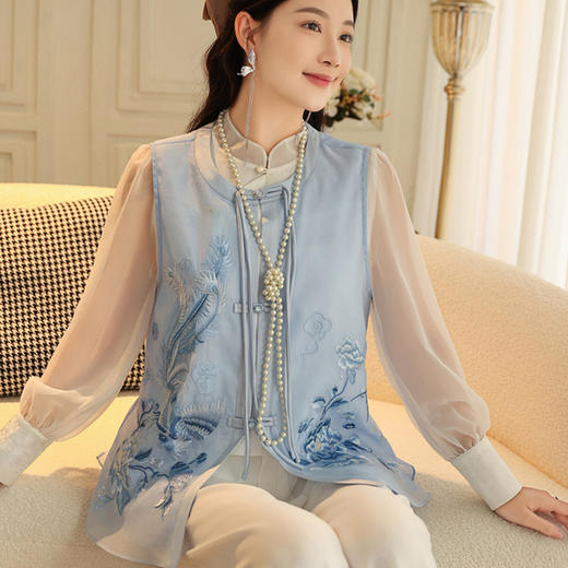 FLZD-A9338新中式国风马甲感云丝改良无袖上衣女夏重工凤凰刺绣宽松9338 商品图0