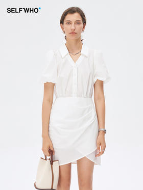 Self Who白色连衣裙2023新款夏季小个子高级感法式泡泡袖v领裙子