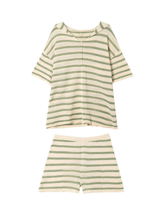 322工房编织夏日和纸纱条纹连帽针织短裤套装2023夏镂空套头B045 商品图4