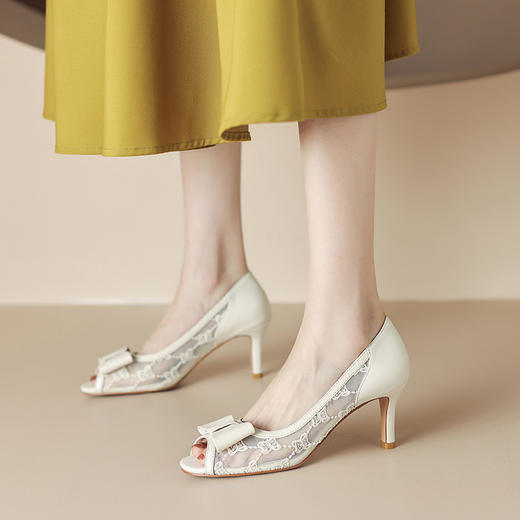 优雅性感，鱼嘴蝴蝶结真皮拼接网纱高跟凉鞋QS-23014 商品图1