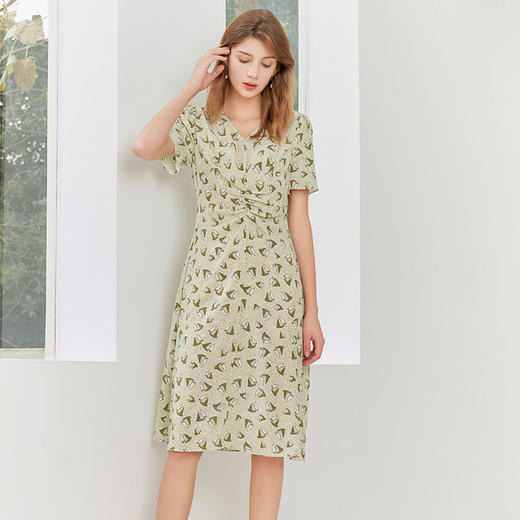 【100%桑蚕丝连衣裙】23年春夏真丝V领连衣裙修身显瘦印花连衣裙 商品图1