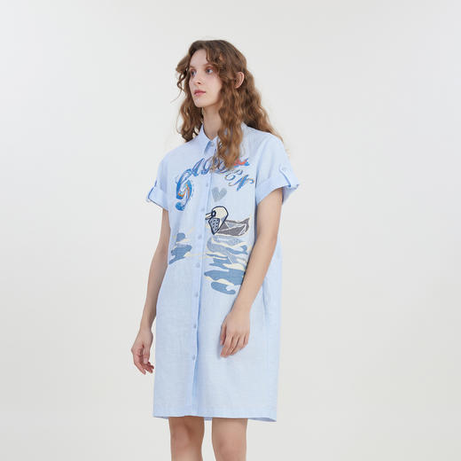 谜底宽松H型衬衫式连衣裙2023夏新款卡通印花棉麻中长裙232ML0676 商品图1