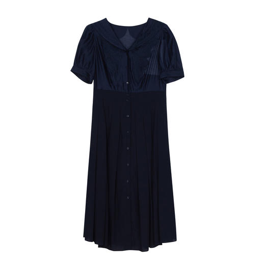 谜底海军领连衣裙短袖2023夏新款复古绣花收腰百褶长裙232ML0620 商品图4