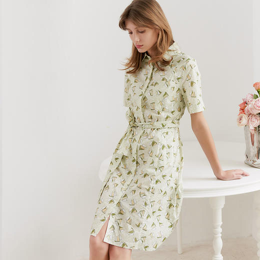【100棉系带衬衫裙】23年春夏新品女士纯棉连衣裙时尚印花系带收腰裙子 商品图1