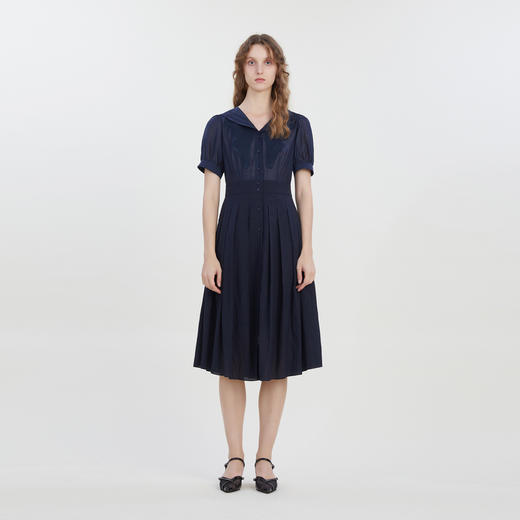 谜底海军领连衣裙短袖2023夏新款复古绣花收腰百褶长裙232ML0620 商品图0