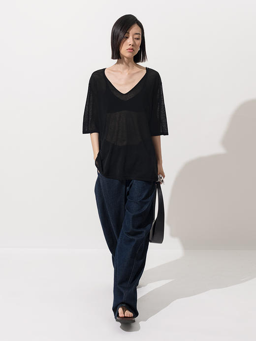 322工房经典再造汉麻宽松针织短袖T恤2023春夏款透视V领套头B062 商品图2